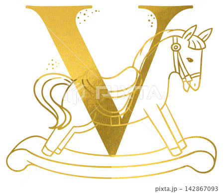 Golden letter V monogram with hand drawn outline rocking horse toy illustration. Elegant luxury metallic gold alphabet design element for invitations. Initial winter christmas decoration clip art. 142867093