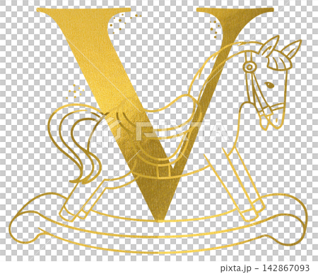Golden letter V monogram with hand drawn outline rocking horse toy illustration. Elegant luxury metallic gold alphabet design element for invitations. Initial winter christmas decoration clip art. 142867093