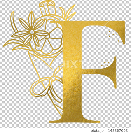 Golden letter F monogram with hand drawn outline orange slice cinnamon and anise illustration. Elegant luxury metallic gold alphabet design element for invitations. Initial decoration clip art. Golden letter F monogram with hand drawn outline orange slice cinnamon and anise illustration. Elegant luxury metallic gold alphabet design element for invitations. Initial decoration clip art. 142867098
