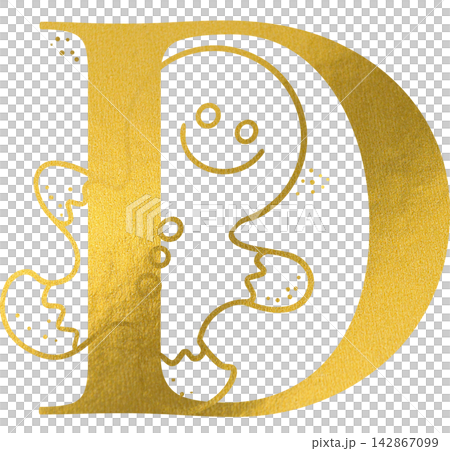 Golden letter D monogram with hand drawn outline gingerbread man cookie illustration. Elegant luxury metallic gold alphabet design element for invitations. Initial christmas decoration clip art. Golden letter D monogram with hand drawn outline gingerbread man cookie illustration. Elegant luxury metallic gold alphabet design element for invitations. Initial christmas decoration clip art. 142867099