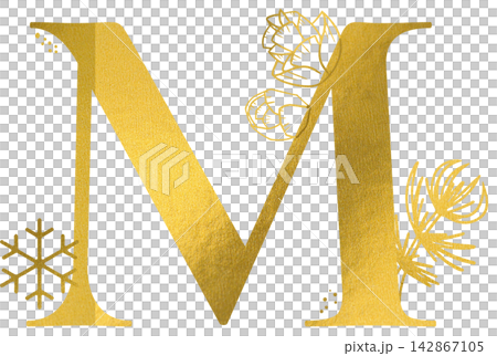 Golden letter M monogram with hand drawn outline snowflake pine branch and rose bud illustration. Elegant luxury metallic gold alphabet design element for invitations. Initial winter clip art. Golden letter M monogram with hand drawn outline snowflake pine branch and rose bud illustration. Elegant luxury metallic gold alphabet design element for invitations. Initial winter clip art. 142867105