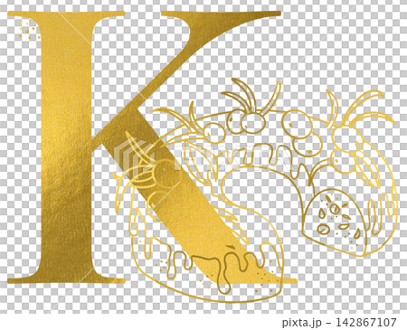 Golden letter K monogram with hand drawn outline christmas cake wreath illustration. Elegant luxury metallic gold alphabet design element for invitations. Initial winter decoration clip art. Golden letter K monogram with hand drawn outline christmas cake wreath illustration. Elegant luxury metallic gold alphabet design element for invitations. Initial winter decoration clip art. 142867107