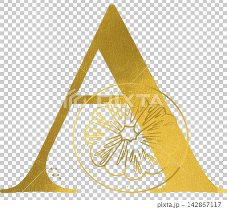 Golden letter A monogram with hand drawn outline orange slice citrus fruit illustration. Elegant luxury metallic gold alphabet design element for invitations. Initial winter decoration clip art. Golden letter A monogram with hand drawn outline orange slice citrus fruit illustration. Elegant luxury metallic gold alphabet design element for invitations. Initial winter decoration clip art. 142867117