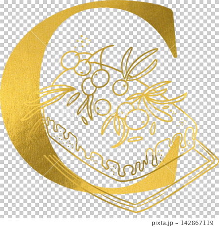 Golden letter C monogram with hand drawn outline christmas cake food illustration. Elegant luxury metallic gold alphabet design element for invitations. Initial winter decoration clip art. Golden letter C monogram with hand drawn outline christmas cake food illustration. Elegant luxury metallic gold alphabet design element for invitations. Initial winter decoration clip art. 142867119