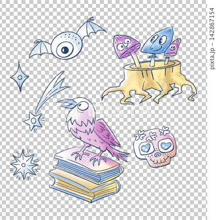 Halloween raven books mushrooms skull eyeball bat sticker pack. Isolated clip art collection illustration with spooky holiday sketches. Cute pastel gradient elements on white background. Halloween raven books mushrooms skull eyeball bat sticker pack. Isolated clip art collection illustration with spooky holiday sketches. Cute pastel gradient elements on white background. 142867154