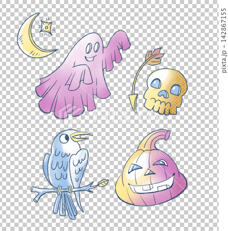 Halloween ghost bird skull pumpkin moon sticker pack. Isolated clip art collection illustration with spooky holiday sketches. Cute pastel gradient elements on white background. Halloween ghost bird skull pumpkin moon sticker pack. Isolated clip art collection illustration with spooky holiday sketches. Cute pastel gradient elements on white background. 142867155