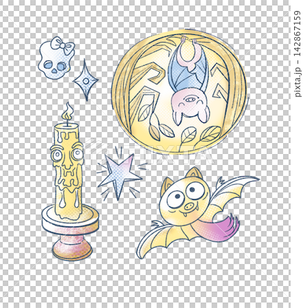 Halloween bats candle skull monster sticker pack. Isolated clip art collection illustration reflecting kawaii anime aesthetic and creepy cute trends. Cute pastel gradient elements popular in pop cultu Halloween bats candle skull monster sticker pack. Isolated clip art collection illustration reflecting kawaii anime aesthetic and creepy cute trends. Cute pastel gradient elements popular in pop cultu 142867159