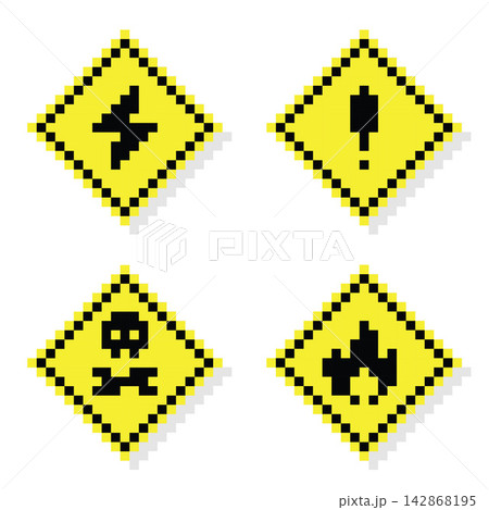 Pixel Art Warning Signs Collection with Traffic Safety Symbols Pixel Art Warning Signs Collection with Traffic Safety Symbols 142868195
