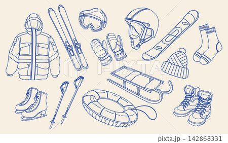 Collection of winter sports gear including skis, snowboard, skates, sled, and boots. Hand drawn illustration. Collection of winter sports gear including skis, snowboard, skates, sled, and boots. Hand drawn illustration. 142868331