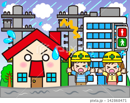 洪水で浸水する家と街のイラスト素材5 洪水で浸水する家と街のイラスト素材5 142868471