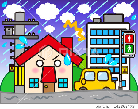 洪水で浸水する家と街のイラスト素材3 142868475