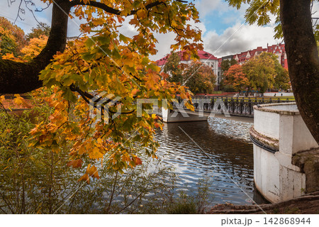 Autumn foliage and waterfront of Lower Pond in Kaliningrad, Russia Autumn foliage and waterfront of Lower Pond in Kaliningrad, Russia 142868944