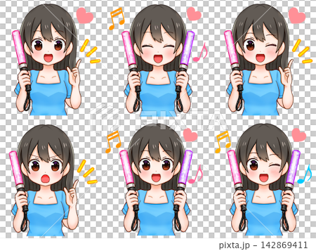 A set of illustrations of a woman holding a penlight while participating in fan activities. A set of illustrations of a woman holding a penlight while participating in fan activities. 142869411