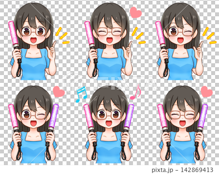 Illustration set of 3 illustrations of a woman holding a penlight while participating in fan activities. Illustration set of 3 illustrations of a woman holding a penlight while participating in fan activities. 142869413