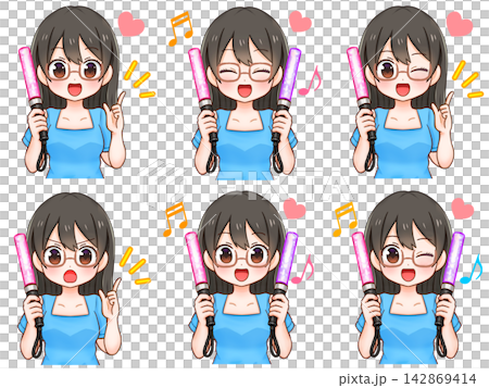 A set of illustrations of a woman holding a penlight while engaging in fan activities (4 illustrations) A set of illustrations of a woman holding a penlight while engaging in fan activities (4 illustrations) 142869414