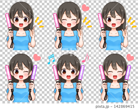 A set of 5 illustrations of a woman holding a penlight while supporting her favorite idol. A set of 5 illustrations of a woman holding a penlight while supporting her favorite idol. 142869415