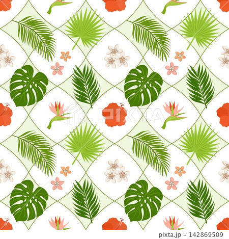 Vector seamless pattern with tropical hibiscus, strelitzia, plumeria, monstera, and palm leaf on white grid background. Exotic botanical texture. Vector seamless pattern with tropical hibiscus, strelitzia, plumeria, monstera, and palm leaf on white grid background. Exotic botanical texture. 142869509