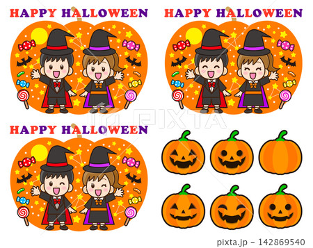 ハロウィンを祝う仮装した子供のイラスト素材セット ハロウィンを祝う仮装した子供のイラスト素材セット 142869540