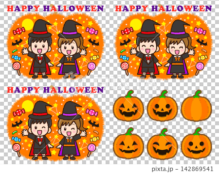 A set of illustrations of children in costumes celebrating Halloween (2 illustrations) A set of illustrations of children in costumes celebrating Halloween (2 illustrations) 142869541