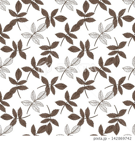 Seamless vector pattern with hand drawn autumn rose hip leaves in warm natural tones. Botanical design for textile, wallpaper, wrapping paper, packaging and home decor. 142869742