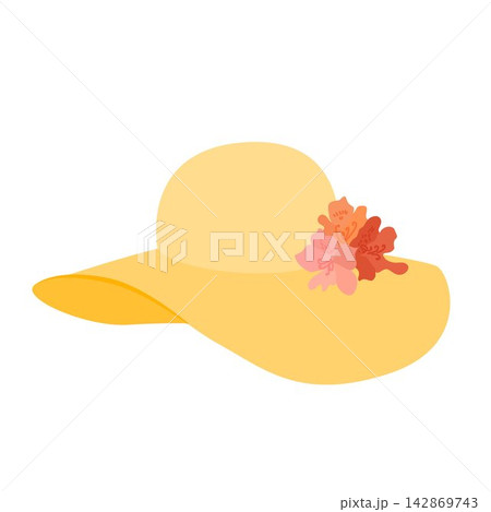 Vector illustration of a wide brim yellow summer hat adorned with pink flowers. Elegant accessory for beach vacation, garden party, and fashion blog. 142869743