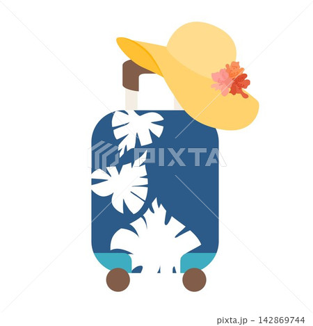 Vector illustration of a blue suitcase with tropical monstera leaf print and a yellow floral sun hat. Concept for summer travel, resort, and heatwave. 142869744