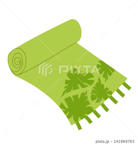 Vector illustration of a rolled green yoga mat or beach towel with fringe and tropical monstera leaf print. Summer wellness and resort accessory. Vector illustration of a rolled green yoga mat or beach towel with fringe and tropical monstera leaf print. Summer wellness and resort accessory. 142869765