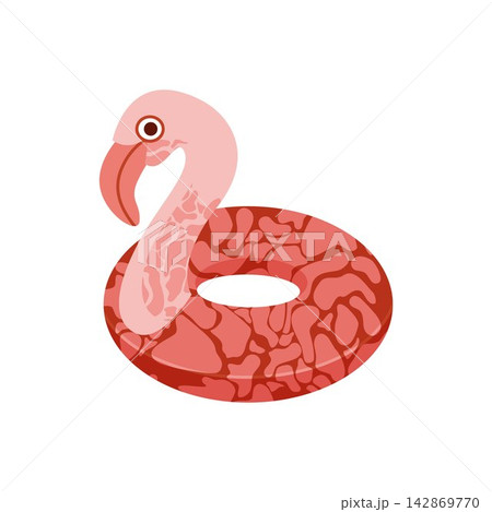 Vector illustration of an inflatable flamingo pool float with red and pink abstract pattern. Fun summer accessory for beach party, vacation, and pool. 142869770