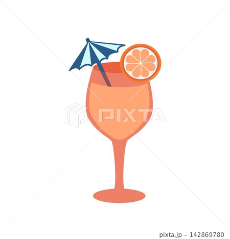 Vector illustration of a tropical summer cocktail. Fresh cold drink in wine glass with beach umbrella and citrus slice for bar menu and logo design. Vector illustration of a tropical summer cocktail. Fresh cold drink in wine glass with beach umbrella and citrus slice for bar menu and logo design. 142869780