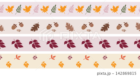 Vector set of seamless autumn leaf borders and acorns. Decorative tape print and text dividers for back to school and seasonal notebook decor. 142869815