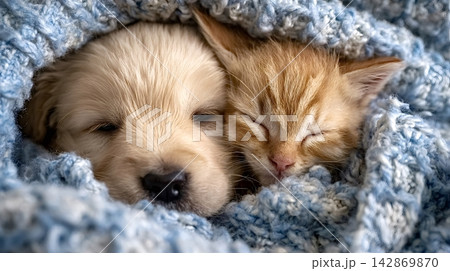 Puppy and kitten sleeping together under blue blanket Puppy and kitten sleeping together under blue blanket 142869870