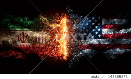 Iran and usa flags clashing in fiery water 142869871
