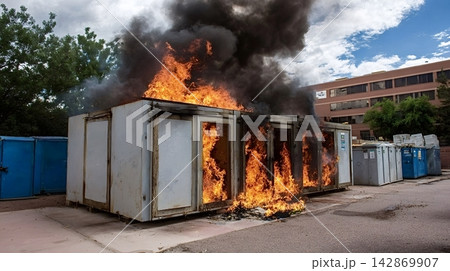 Structure fire burning multiple outdoor storage containers Structure fire burning multiple outdoor storage containers 142869907