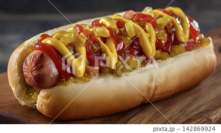 Classic hot dog with mustard, ketchup, and relish 142869924