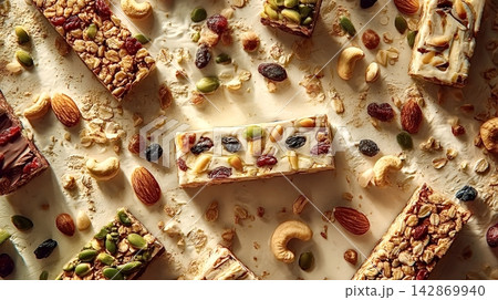 Granola energy bars with nuts, seeds, and dried fruit 142869940