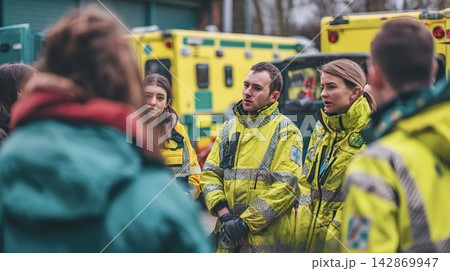 Paramedics receiving instructions during emergency medical training session Paramedics receiving instructions during emergency medical training session 142869947