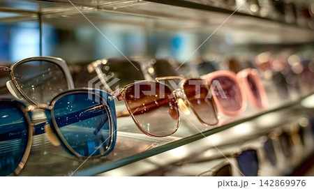 Sunglasses on display in a retail store showcasing eyewear fashion Sunglasses on display in a retail store showcasing eyewear fashion 142869976