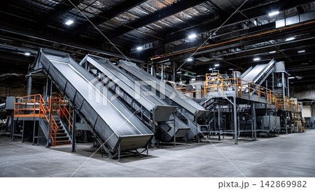Waste sorting facility conveyor belts processing recycling materials Waste sorting facility conveyor belts processing recycling materials 142869982