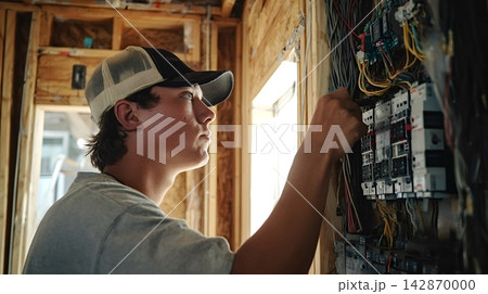 Young electrician installing electrical panel at construction site 142870000