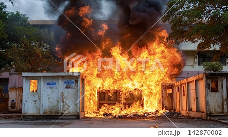 Intense fire engulfing container structures with thick smoke 142870002