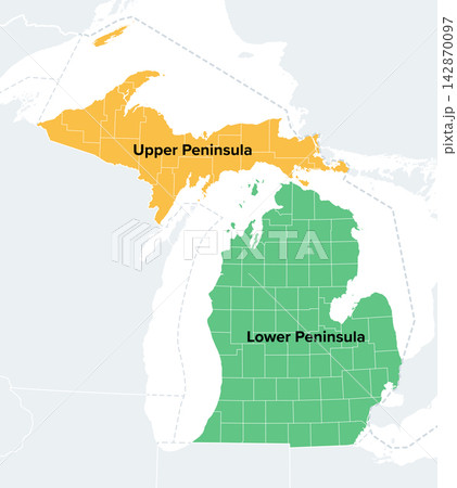 Upper and Lower Peninsula of Michigan, political map. The two major peninsulas of the U.S. state Michigan, also known as Upper and Lower Michigan, highlighted in orange and green. Isolated. Vector 142870097