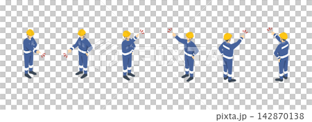 Isometric illustration: A worker (blue) wearing a helmet and pointing in various directions. Isometric illustration: A worker (blue) wearing a helmet and pointing in various directions. 142870138