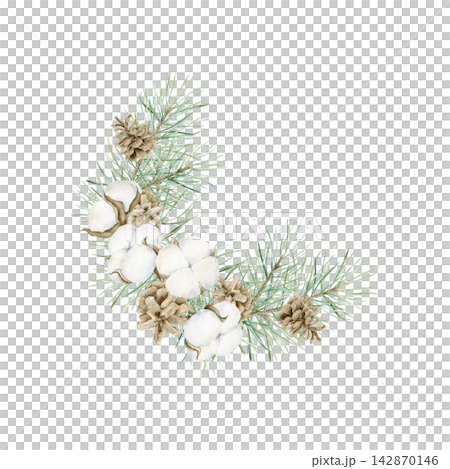 Winter composition with cotton bolls, pine branches and pinecones watercolor isolated illustration. Hand drawn semi circle festive garland for Christmas holidays, New Year greeting cards and decor. Winter composition with cotton bolls, pine branches and pinecones watercolor isolated illustration. Hand drawn semi circle festive garland for Christmas holidays, New Year greeting cards and decor. 142870146