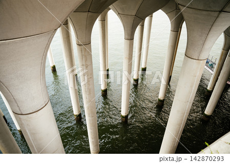 Massive concrete columns stand in green water beneath a modern pier or bridge structure. The repeating arches and pillars create a strong architectural pattern over the waterfront. Massive concrete columns stand in green water beneath a modern pier or bridge structure. The repeating arches and pillars create a strong architectural pattern over the waterfront. 142870293