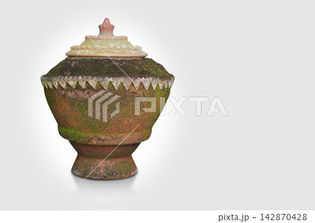 old and dirty green algae brown clay pot and brown lid on white background, vintage, object, furniture, comfortable, copy space old and dirty green algae brown clay pot and brown lid on white background, vintage, object, furniture, comfortable, copy space 142870428