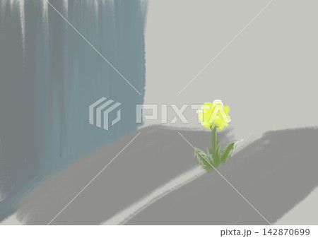 Small yellow flower emerging through concrete blocks on gray background symbolizing resilience, hope, determination and the power of life, inspirational illustration about overcoming obstacles 142870699