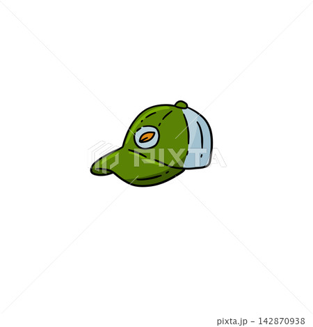 Green baseball cap, hand drawn cap leaf badge white back, summer headwear icon. Eco nature style cartoon art, simple outdoor accessory. Green baseball cap leaf headwear Green baseball cap, hand drawn cap leaf badge white back, summer headwear icon. Eco nature style cartoon art, simple outdoor accessory. Green baseball cap leaf headwear 142870938