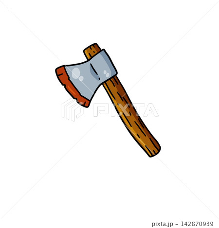 Hatchet wood handle, hand drawn steel axe orange edge, camping tool icon. Forest lumberjack gear cartoon art, simple outdoor equipment. Hatchet wood handle chop emblem 142870939