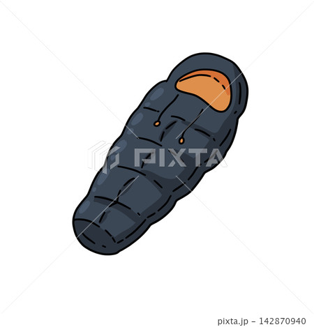 Sleeping bag gray, hand drawn camping bag orange hood, tourist gear icon. Night rest outdoor equipment cartoon art, simple hiking supply. Sleeping bag gray night rest symbol Sleeping bag gray, hand drawn camping bag orange hood, tourist gear icon. Night rest outdoor equipment cartoon art, simple hiking supply. Sleeping bag gray night rest symbol 142870940