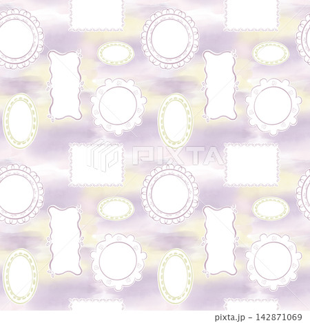 Delicate seamless pattern with elegant decorative frames with copy space on soft watercolor background. Endless print hand drawn in charming doodle style. Design repeat for scrapbooking or stationery. 142871069